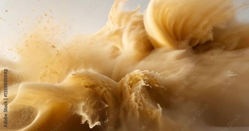 Poster blurred defocused image of small fine sand in an explosion, golden grains creating a wave effect. ab
