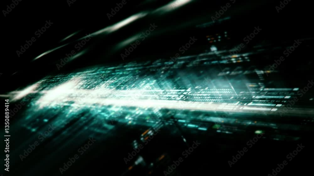 Poster Futuristic data matrix AI simulation featuring metaverse inspired elements, an information network, and hi-tech digital data telemetry with encrypted numbers