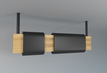 Wooden sign with a black screen hanging from the ceiling. Suitable for digital displays, advertising, promotions, and information announcements.