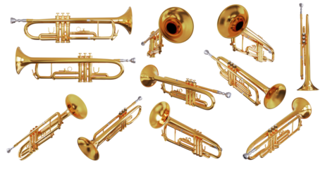Golden shiny new metallic brass trumpet music instrument isolated. Brass instruments, golden trumpet on transparency background.
