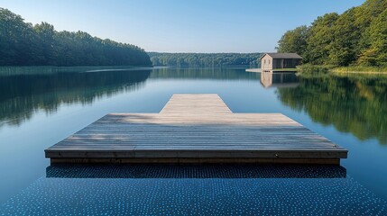 Serene Lakeside Dock: Tranquil Summer Morning on a Calm Lake