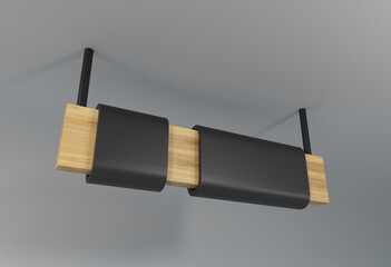 Wooden sign with a black screen hanging from the ceiling. Suitable for digital displays, advertising, promotions, and information announcements.