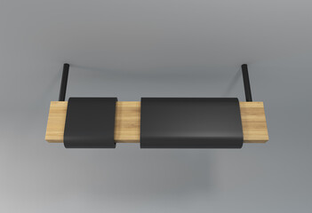 Wooden sign with a black screen hanging from the ceiling. Suitable for digital displays, advertising, promotions, and information announcements.