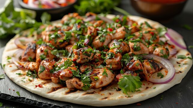 Palestinian musakhan chicken onions on taboon bread zoomed out full portion on clean white surface