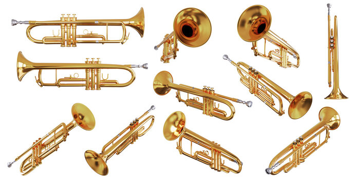 Golden shiny new metallic brass trumpet music instrument isolated. Brass instruments, golden trumpet on transparency background.
