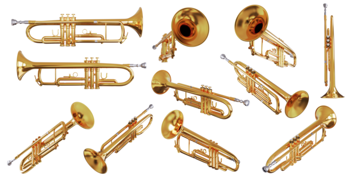Golden shiny new metallic brass trumpet music instrument isolated. Brass instruments, golden trumpet on transparency background.