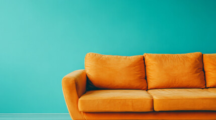 A trendy couch against a striking blue wall offering a stylish contrast and creating an inviting focal point in a contemporary living space.