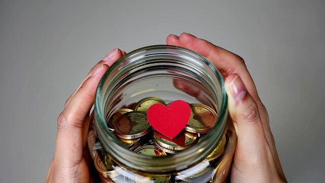Organized activities to raise funds for a cause, involving donors, sponsors, and participants to support charitable goals. Hands hold jar with coins and heart shape inside