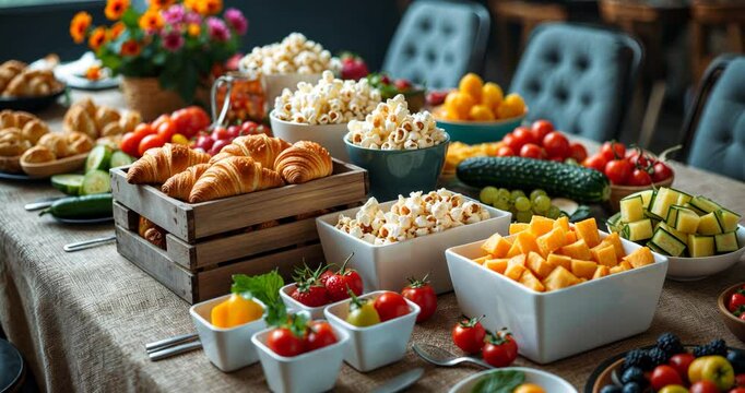 A beautifully set table showcases a delightful selection of food and drinks that will undoubtedly please the taste buds of any guests gathered around it for enjoyment and satisfaction.