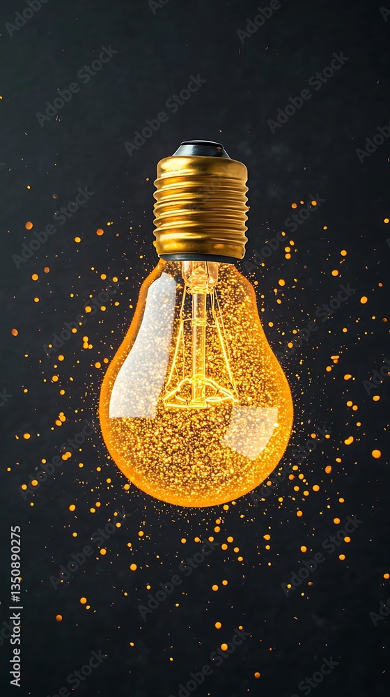 Poster a glowing light bulb emits sparkling golden particles against a dark background, creating a captivat
