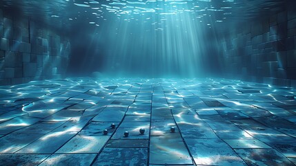 A serene view of the indoor pool with black pearls, illuminated by soft sunlight through the water.