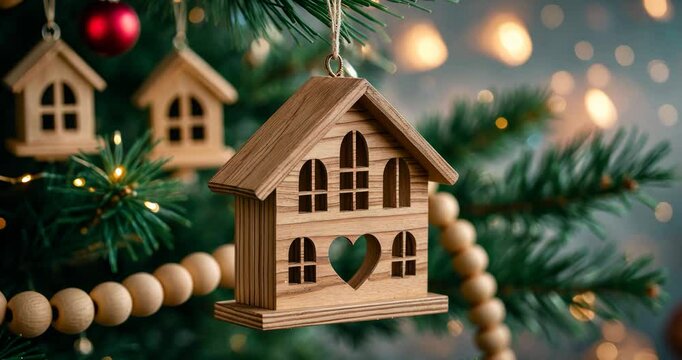 A beautifully adorned Christmas tree showcases wooden house decorations and gentle lights. The setting evokes a warm holiday ambiance, ideal for family get-togethers and festivities.