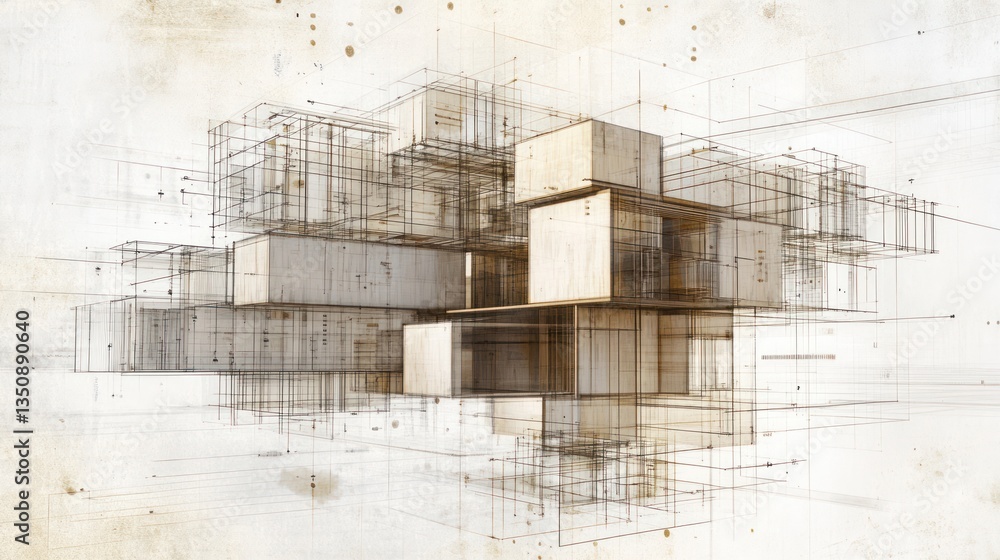 Poster abstract architectural sketch, floating cube structures, digitally rendered, design concept, backgro
