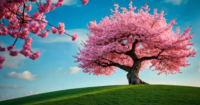 A blooming cherry tree on the horizon. A flowering cherry tree in a green meadow. An aged tree with a unique trunk featuring pink blossoms in spring.