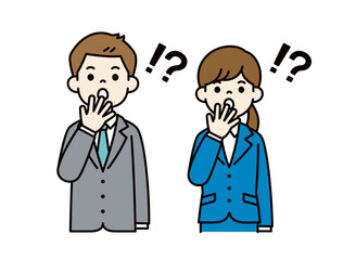 口に手を当てて驚く、男女の会社員のシンプルなベクターイラスト素材＿カラー
