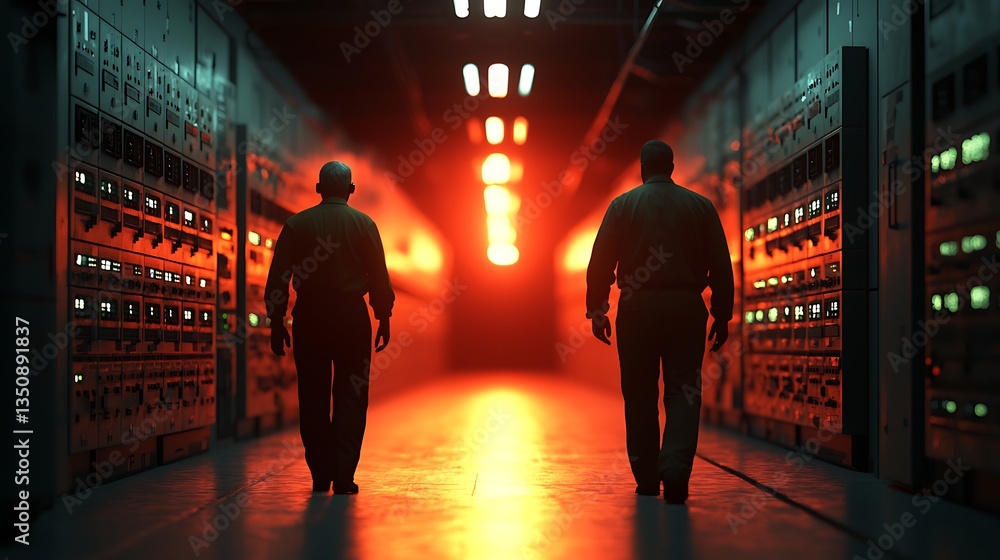 Poster two silhouetted figures walk towards a glowing light in a dark corridor lined with control panels, c