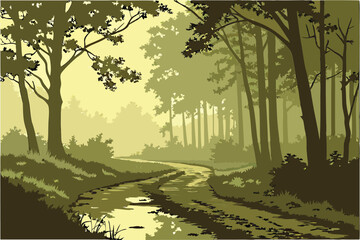 Fototapeta premium 33 Forest path at dawn, sunbeams filtering through trees, misty atmosphere, reflective puddle on dirt road, lush green foliage, dappled light, ethereal woodland scene, golden hour, atmospheric perspec