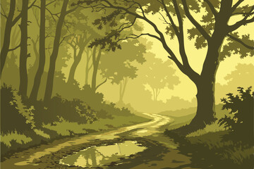 Fototapeta premium 33 Forest path at dawn, sunbeams filtering through trees, misty atmosphere, reflective puddle on dirt road, lush green foliage, dappled light, ethereal woodland scene, golden hour, atmospheric perspec