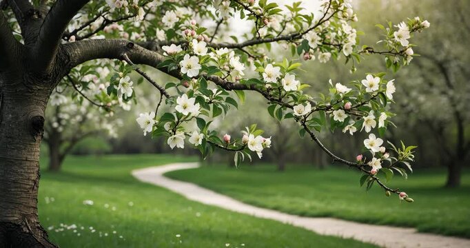 A blossoming limb of the apple tree during spring.