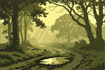 33 Forest path at dawn, sunbeams filtering through trees, misty atmosphere, reflective puddle on dirt road, lush green foliage, dappled light, ethereal woodland scene, golden hour, atmospheric perspec