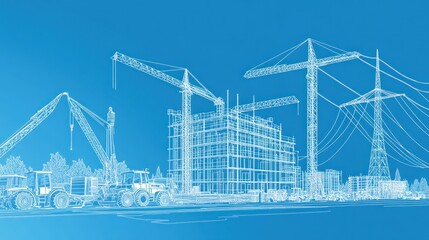 Obraz premium Construction Site Blueprint, Cranes, Building, Power Lines, Cityscape, Stock Photo