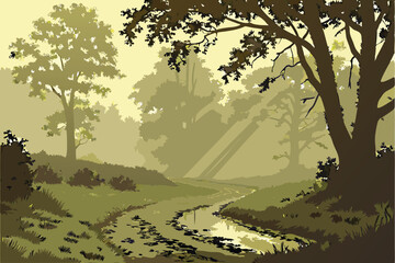 Fototapeta premium 33 Forest path at dawn, sunbeams filtering through trees, misty atmosphere, reflective puddle on dirt road, lush green foliage, dappled light, ethereal woodland scene, golden hour, atmospheric perspec