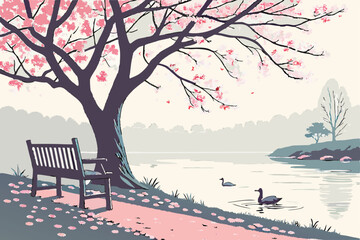34 Serene lakeside scene, cherry blossom tree in bloom, wooden bench, misty morning light, calm water reflections, ducks swimming, fallen petals on ground, tranquil atmosphere, soft pink and blue tone