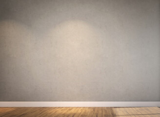 Plain concrete wall and wood floor background suitable for industrial and rustic design projects, interior decorating, and construction themes.