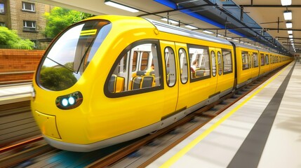 Yellow train arriving at underground platform station with brick wall
