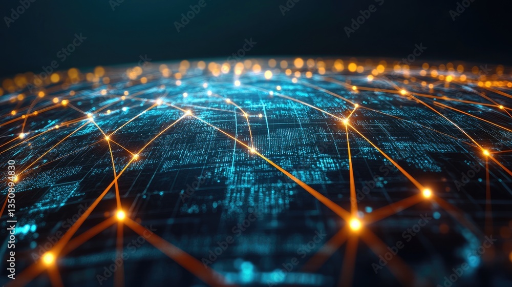 Poster digital network visualization with light connections and data flow