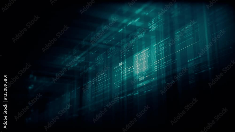 Poster Futuristic data matrix AI simulation featuring metaverse inspired elements, an information network, and hi-tech digital data telemetry with encrypted numbers