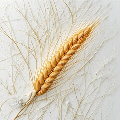 A detailed view of a wheat grain, highlighting its golden hue and textured surface, set against a pristine white background.