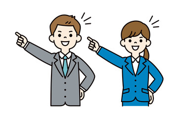 笑顔で目標を指さす、男女の会社員のシンプルなベクターイラスト素材＿カラー