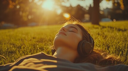 A young girl on a sunny day lying on the grass with headphones on listening to music