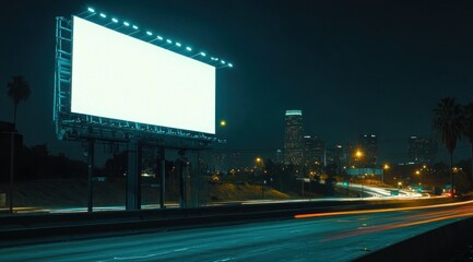 Blank billboard at night with city skyline and highway traffic.