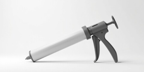 Fototapeta premium A simple gray caulking gun with a long white cartridge rests on a plain white surface
