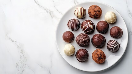 Obraz premium Assorted Chocolate Truffles on Elegant White Plate with Marble Background