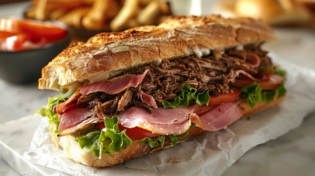 Puerto Rican tripleta sandwich ham pork and beef large full sandwich diagonally placed on white surface