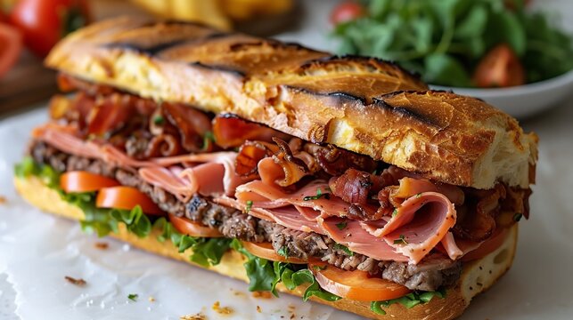 Puerto Rican tripleta sandwich ham pork and beef large full sandwich diagonally placed on white surface