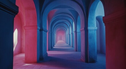 Fototapeta premium A long corridor of columns lit in vibrant pinks and blues