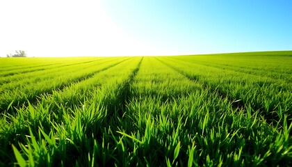 Obraz premium Serene Green Field Landscape Under a Bright Sunny Sky: A Pastoral View of Lush Grassland
