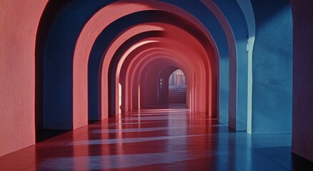 Fototapeta premium A long corridor with arches and a red and blue color scheme