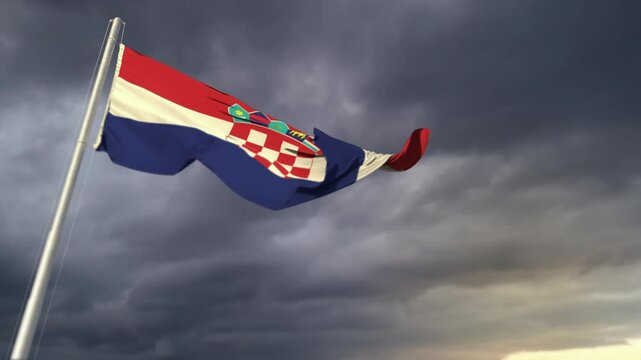 Croatia flag waving on heavy sunrise clouds at windstorm forecast bg