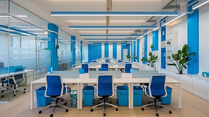 Bright and modern co-working space with blue accents.