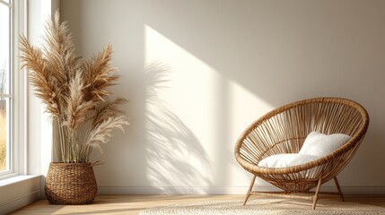Minimalist living room featuring pampas grass and rattan chair