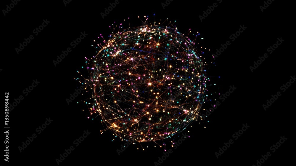 Poster abstract colorful globe of connected dots and lines on black background