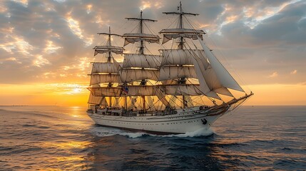 Fototapeta premium Majestic tall ship sailing across the ocean at sunset, with vibrant clouds and serene waters