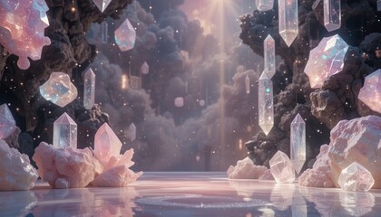 Enchanted crystal cave exploration fantasy realm digital art ethereal environment wide angle view magical aesthetics