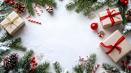 Christmas Decorations with Gifts Pine Branches and Snow on White Background