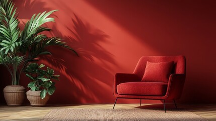 Red armchair rests in a room with tropical plants